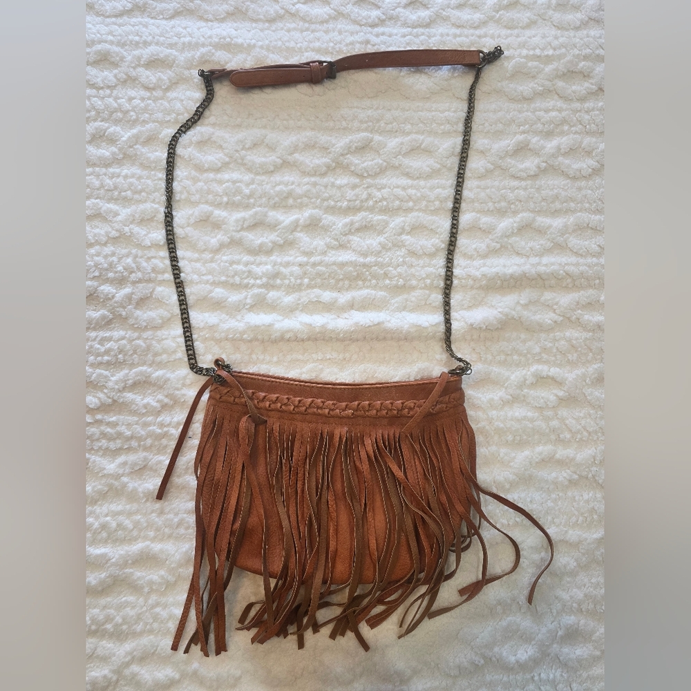 BP Fringe Crossbody Bag Cognac Faux Leather Boho Festival